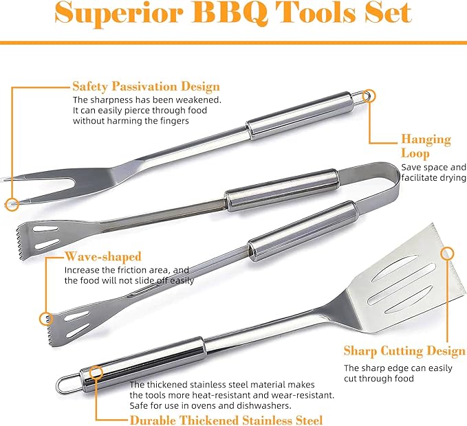 7pcs Barbecue Grill Utensils Set, Stainless Steel BBQ Tools for Outdoor Grill, Professional BBQ Accessories for Outdoor Grill, Grilling Gifts for Men, Dad, BBQ Lovers