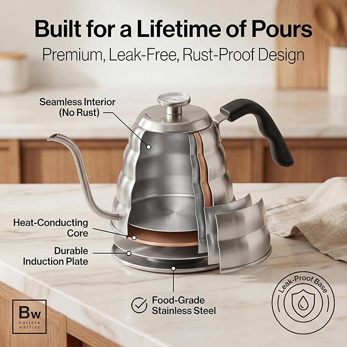 Barista Warrior Gooseneck Kettle with Thermometer - 1.2L Pour Over Coffee & Tea Kettle, 18/8 Stainless Steel Gooseneck Kettle Pot, Precision Pour Drip Spout, Suitable for All-Stoves (40 fl oz)