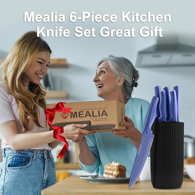 Kitchen Knife Set with Block, 6-Piece Non-stick Stainless Steel Sharp Knives Set for Precision Cutting with Universal Knife Block for Kitchen, Ergonomic Design & Dishwasher Safe, Purple