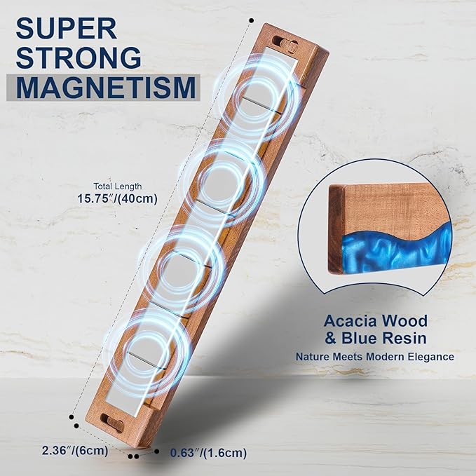 ENOKING 16 Inch Magnetic Knife Holder for Wall, Acacia Wood & Blue Resin Magnetic Knife Strip, Powerful No-Drill Adhesive or Screws Mount, Kitchen Knife Bar Storage Rack ("Ocean" Blue Resin)