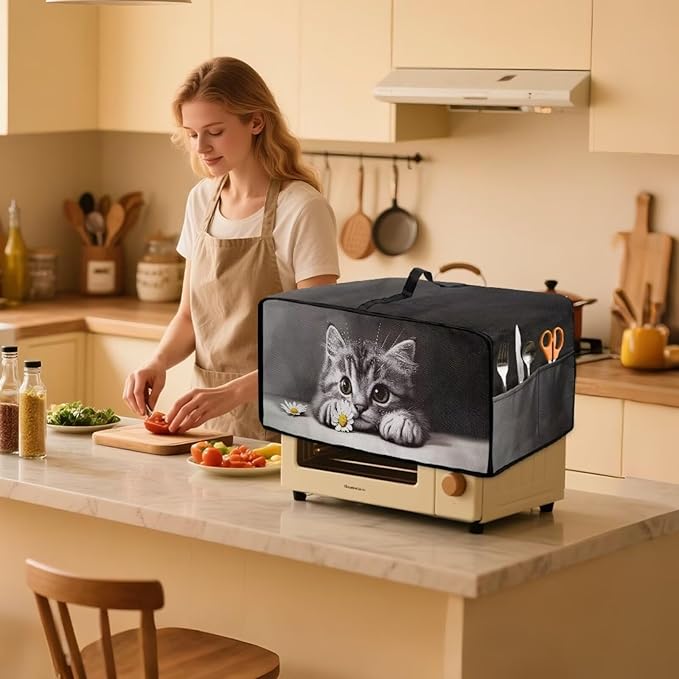 Kitten Daisy Print Toaster Oven Stain-resistant Cover for Kitchen Counter Decor, Heavy Duty Heat-resistant Microwave Oven Cover, Washable (Small-14.5 * 18.46 * 9 inches)