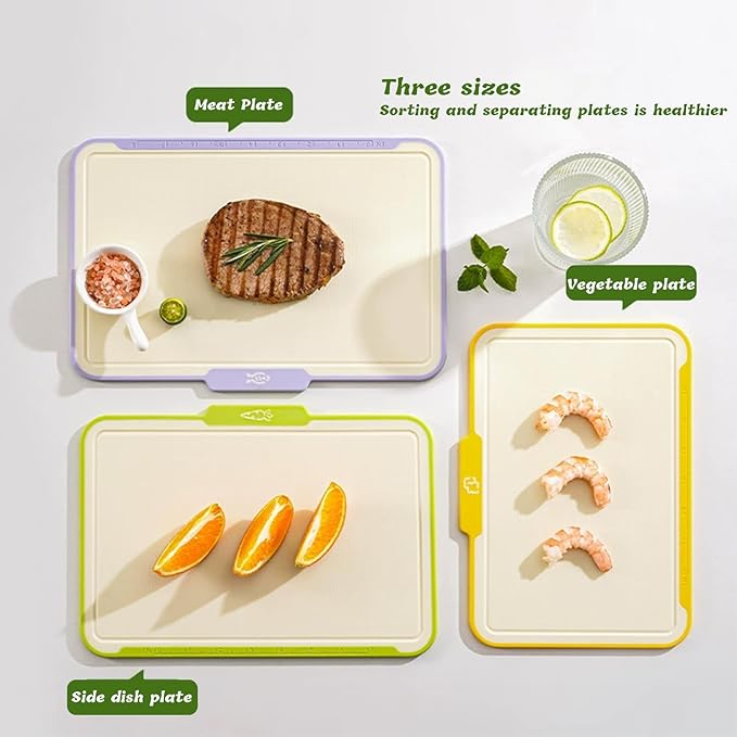 Cutting Boards for Kitchen, Plastic Cutting Board Set of 3,Colorful Chopping Boards With Storage Stand,Food Icon,Non-Slip, Meat Cutting Board For Kitchen,Dishwasher Safe （13.3"X 9.8" X 2.3" ）
