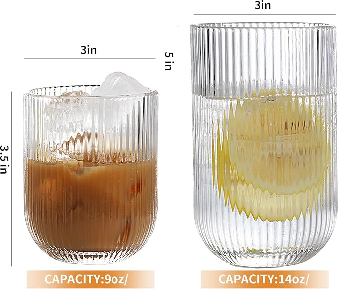 Set of 8 Ribbed Glassware,4 Highball Glasses 14oz & 4 Rocks Drinking Glasses 9oz, Clear, Origami Style, Fluted Design, for Milk, Water, Cocktail, Juice, Beer, ToothBrush Cup, Gift