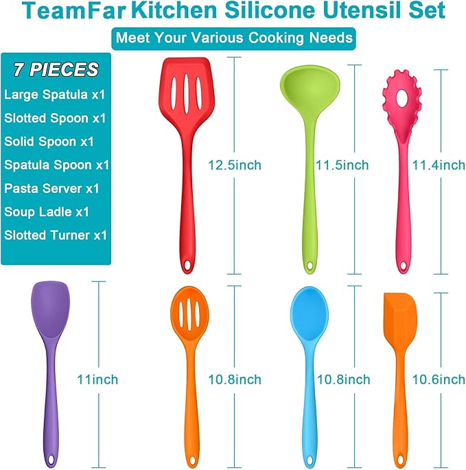 TeamFar Silicone Kitchen Utensils, 7-Piece Kitchen Cooking Utensil Set with Turner Spoon Spatula Ladle, Perfect for Baking Cooking Mixing, Heat-Resistant & Non-Toxic, Dishwasher Safe & Multi Colored