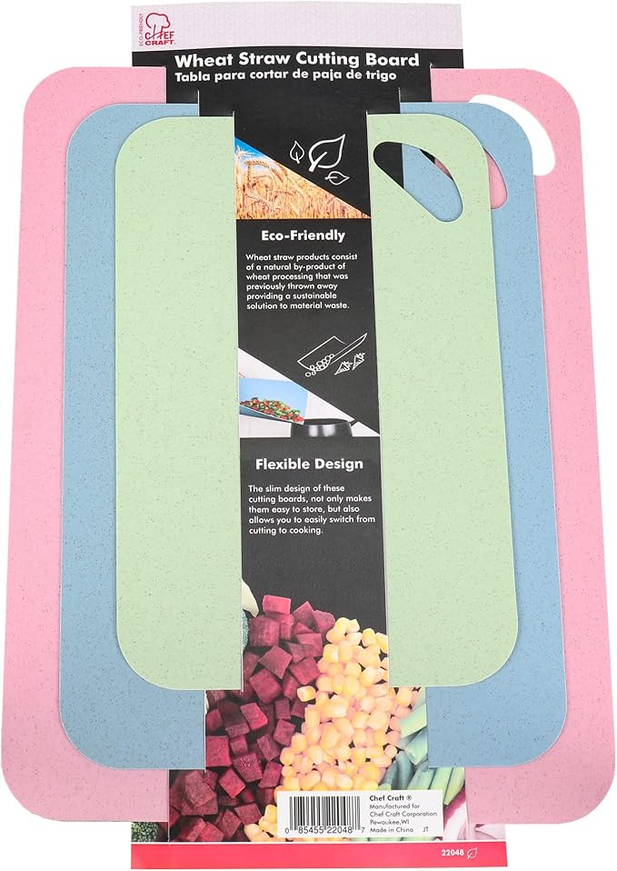 Chef Craft Eco-Friendly Wheat Straw Cutting Board with Durable Plastic Backing, 3-Piece Flexible Cutting Board Set (Pink, Blue, Green)