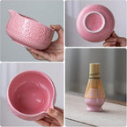 Buucup Matcha Whisk Set, Ceramic Matcha Kit Set Includes Matcha Bowl, Matcha Whisk and Holder, Bamboo Scoop, Scoop Rest, Sifter and Tea Towel - 7 Pcs Matcha Kit for Matcha Lovers (Pink)