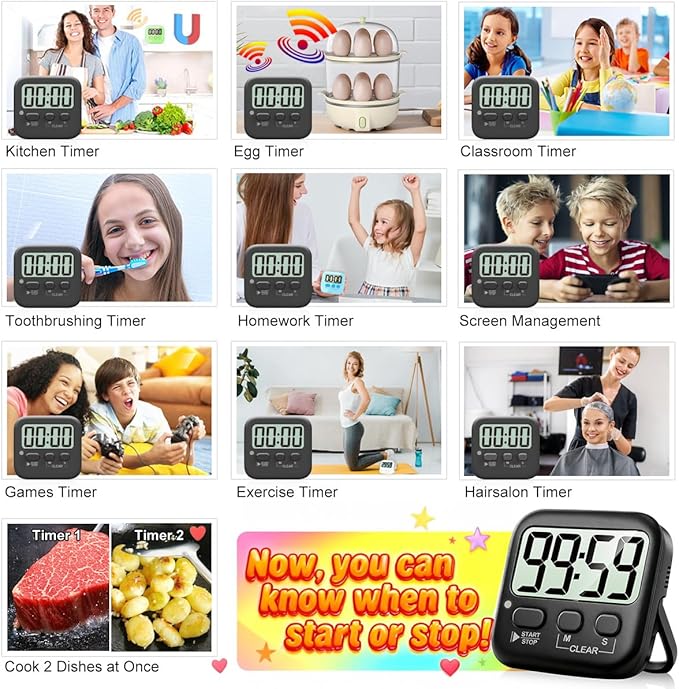 Antonki 2 Pack Digital Timer for Kids, Magnetic Countdown Kitchen Timers for Cooking, Egg, Classroom, Teacher, Exercise, Study, Oven - Battery Included