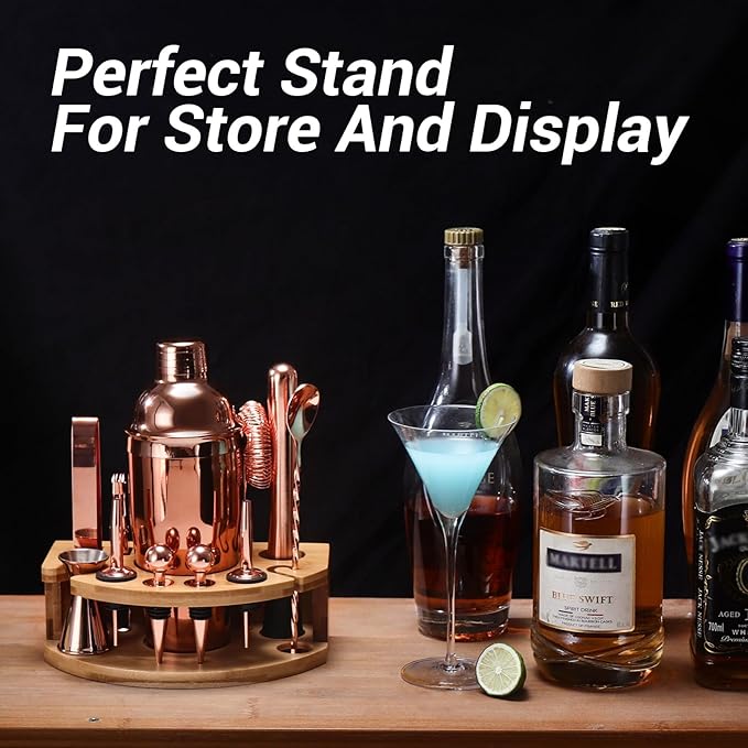Cocktail Shaker Set Bartender Kit with Stand, 12 Piece Bar Set Drink Mixer Set with Stainless Steel Bar Accessories Tools: 25oz Martini Shaker Jigger Strainer Spoon Muddler for Cocktails (Rose Gold)