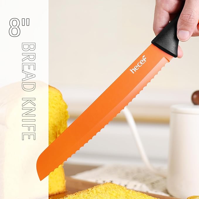 hecef 15 Pieces Kitchen Knife Set with Built-in Sharpening Wooden Block, Dishwasher Safe, High Carbon Stainless Steel Knife Block Set with Steak Knives, Kitchen Scissors (Orange)
