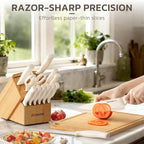 Astercook Knife Set, 15 Pieces Kitchen Knife Set with Sharpener Block, German Stainless Steel Knives Set with Anti-Rust Coating, Dishwasher Safe Elegant Cream White Knife Block Sets, Valentine's Gift