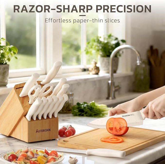 Astercook Knife Set, 15 Pieces Kitchen Knife Set with Sharpener Block, German Stainless Steel Knives Set with Anti-Rust Coating, Dishwasher Safe Elegant Cream White Knife Block Sets, Valentine's Gift