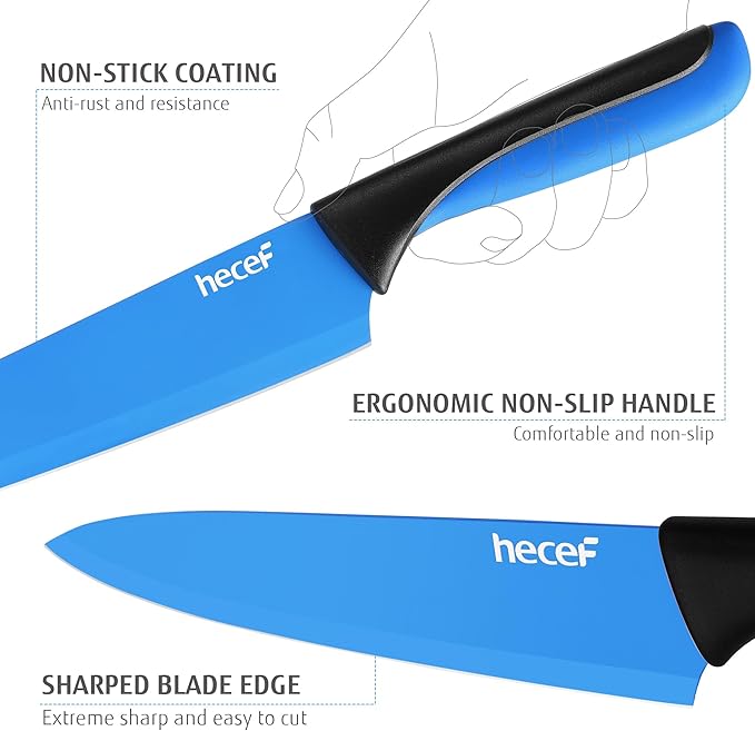 hecef 15 Pieces Kitchen Knife Set with Built-in Sharpening Wooden Block, Dishwasher Safe, High Carbon Stainless Steel Knife Block Set with Steak Knives, Kitchen Scissors (Blue)