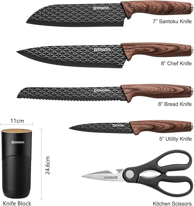 GOODA Kitchen Knife Set With Block,6-Piece Professional Chef Cooking Knives Set For Kitchen,Non-Stick Stainless Steel Knife Block Set