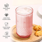 JOVGANK Pink Vintage Glassware Set of 6-17Oz Pink Water Drinking Glass, Art Deco Ripple Highball Glass, Whiskey Cocktail Glasses, for Bar Ice Coffee Juice, Housewarming Gifts and Mother's Day Gift