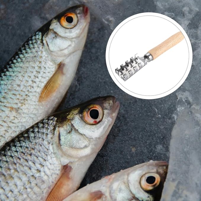 Abaodam 2pcs Fish Scale Scraper Wooden Handle Fish Cleaning Tool Seafood Scale Remover Kitchen Specialty Gadget