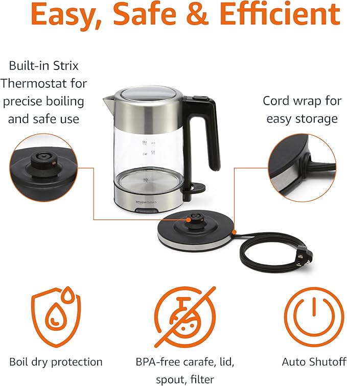 Amazon Basics Electric Kettle with Glass Carafe for Tea and Coffee, Fast Boiling, Auto Shut-Off, Boil-Dry Protection, Temperature Control, Removable Filter, 1 Liter, 1500W, BPA-Free