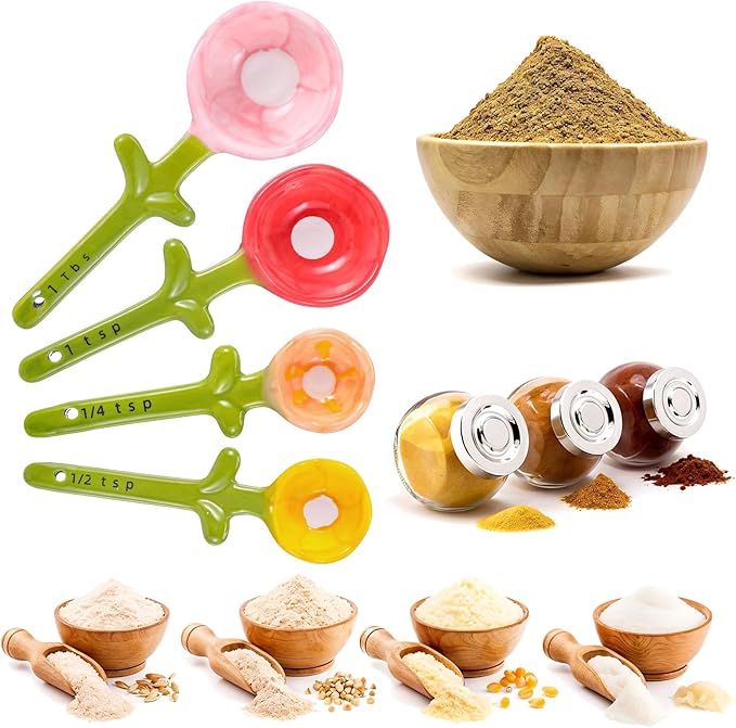 Flower Measuring Spoons Set in Pot - Ceramic Baking Measuring Spoons with Holder for Dry & Wet Ingredients - Cute Flower Figurine - 1 Tbsp, 1 Tsp, 1/2 Tsp, 1/4 Tsp - Unique Gift, Dishwasher Safe(Pink）