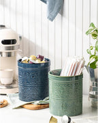 Kitchen Utensil Holder, 7 Inches Large Ceramic Utensil Holder for Countertop, Lace Emboss Cooking Utensil Crocks for Kitchen, Home Decor, Reactive Blue
