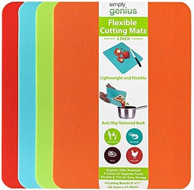 Simply Genius Plastic Cutting Boards - Flexible Color Coded Cutting Board Set - Textured Grip Odor-Resistant Dishwasher-Safe Chopping Mat - Pack of 4-8 in x 11 in - Multicolor