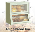 GHWIE Double Layer Bamboo Bread Box for Kitchen Counter,Large Capacity Bread Storage Bin,Bread Container with Acrylic Wavy Door Panel (Light Green, Extra Large)