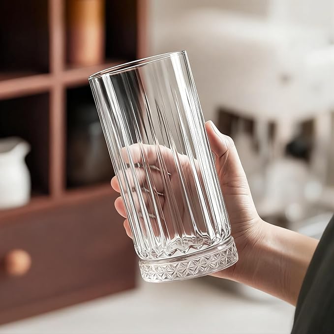 Ruckae Drinking Glasses Set of 8,15 oz and 7 oz Kitchen Water Glass Cups Set,Clear Ribbed Glassware Dishwasher Safe,Mixed Drinkware for Beer,Juice,Cocktail,Whiskey,Milk and Various Mixed Drinks