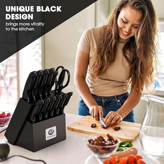 imarku Knife Set with Block, Sharp Knives Set with Built-in Sharpener, Stainless Steel Kitchen Knife Sets with Non-Slip Ergonomic Handle, Dishwasher Safe, 14 PCS Professional Knife Set for Gift, Black
