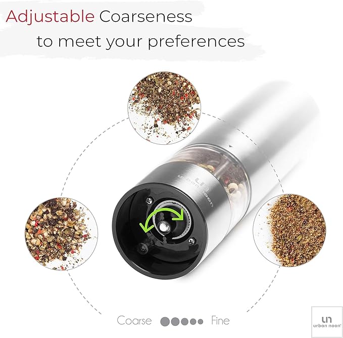 Electric Salt and Pepper Grinder - Battery Operated Stainless Steel Pepper Mill with Light (Black) - Automatic One Handed Operation - Electronic Adjustable Shaker - Ceramic Grinder