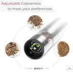 Electric Salt and Pepper Grinder - Battery Operated Stainless Steel Pepper Mill with Light (Black) - Automatic One Handed Operation - Electronic Adjustable Shaker - Ceramic Grinder