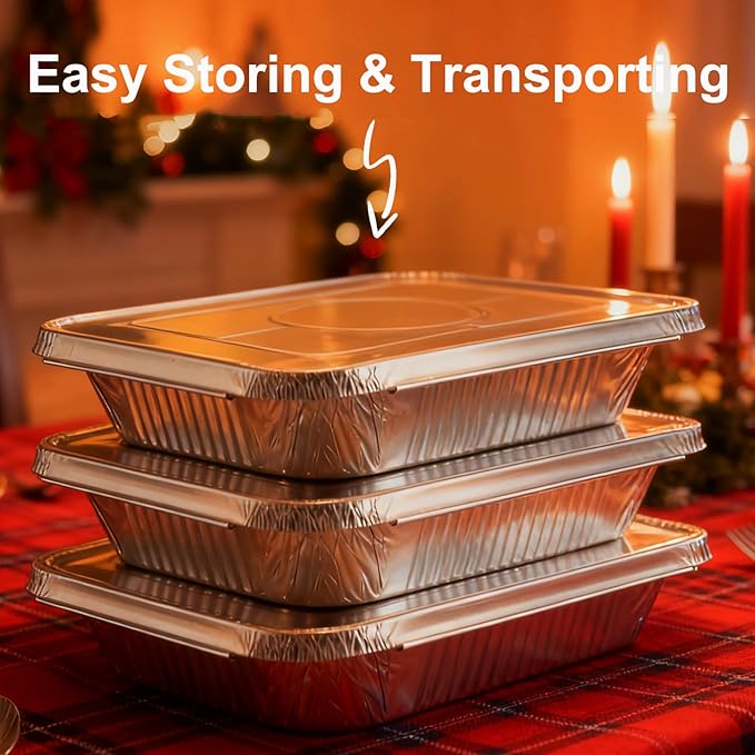 9x13 Aluminum Foil Pans with Lids - 25 Pack Disposable Half Size Deep Steam Table Tin Foil Pans for Oven Baking Cake, Roasting, Food Prepping, Storing, Freezing, Chafing