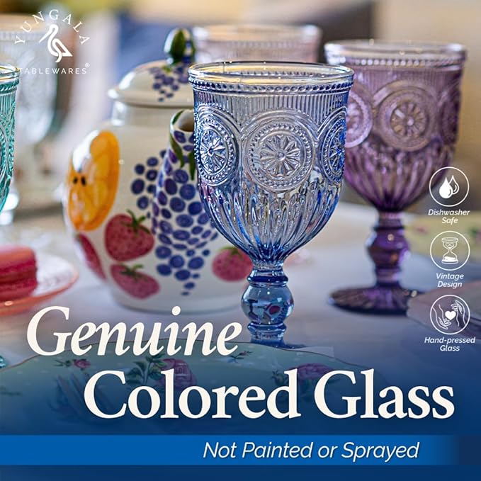 Yungala Blue-Wine-Glasses-Sunflower-Set-6 Blue Wine Glasses Set of 6 Vintage Hobnail Goblets 10 oz Dishwasher Safe