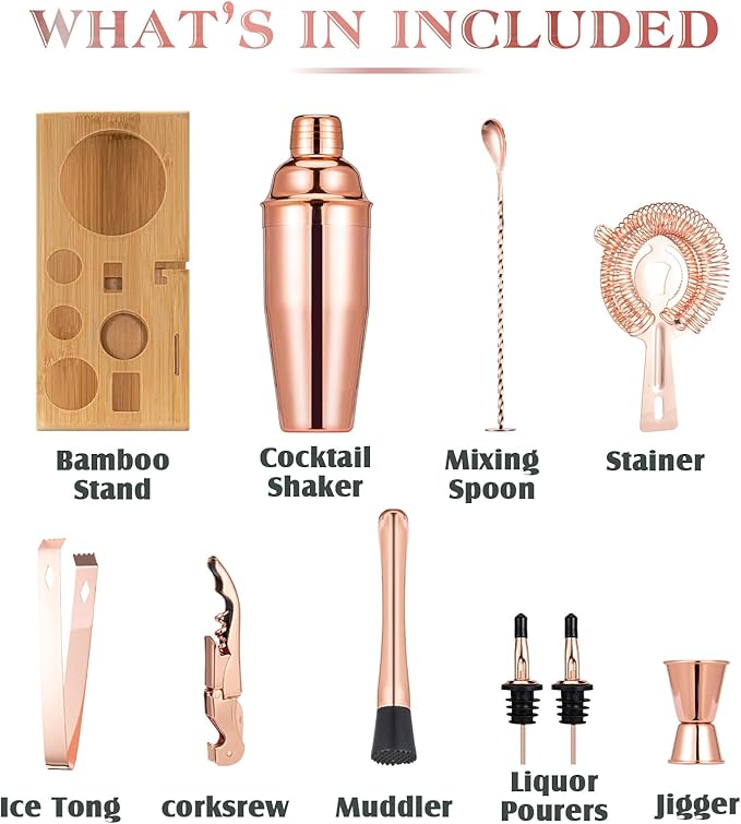 Rose Gold Cocktail Shaker Set, Premium 18/8 Stainless Steel Mixology Bartender Kit with Stylish Bamboo Stand 10-Piece Bar Tools & Accessories for Home Decor - Gift for Women, Mom, Wedding