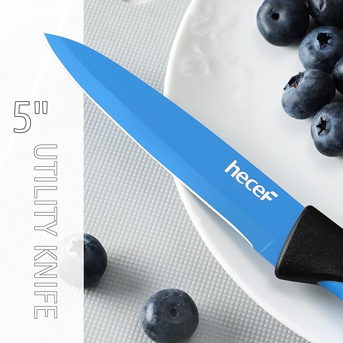 hecef 15 Pieces Kitchen Knife Set with Built-in Sharpening Wooden Block, Dishwasher Safe, High Carbon Stainless Steel Knife Block Set with Steak Knives, Kitchen Scissors (Blue)