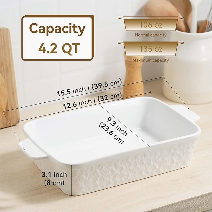 Dafuceramic Casserole Dish for Oven, 4.2 QT Baking Dish, 9x13 Large Porcelain Baking Pan, Durable Rectangular Lasagna Pan Deep with Handles, Microwave Oven Safe