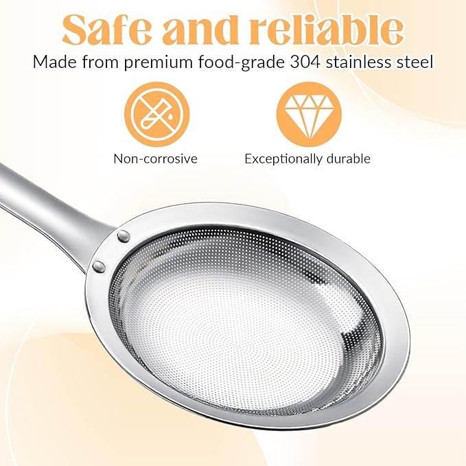 Skimmer Spoon Filter Grease Foam Fine Mesh Stainless Steel Sieve Colander, Extra Fine Strainer With Handle Handheld Fry Oil Filter for Cooking Sieve Spoon for Food Strainer Kitchen Gadget (Large)
