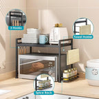 DOLALIKE Microwave Oven Rack, Expandable Microwave Stand Kitchen Countertop Organizer Utensils Storage, Carbon Steel Over Microwave Shelf with 3 Hooks (Black, 2 Tier- With Storage)
