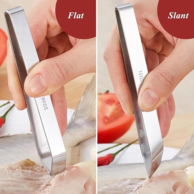 2 PCS Fish Bone Tweezers Kitchen Slanted and Flat Tweezers Set Fish Bone Pliers Suitable for Salmon and Sea Bass Deboning and Kitchen Meat Hair Cleaning Tool Silver, 4.3" and 4.5", LXLVOUEG