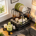 Large 2-Tier Expandable Dish Drying Rack, Heavy Duty Kitchen Countertop Dish Drainer Organizer with Utensil Holder, Extendable Space Saving Plate Storage Rack for Kitchen Sink Counter, Black