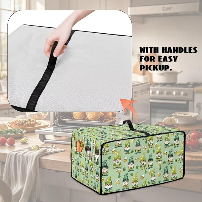 St. Patrick's Day Gnome Print Toaster Oven Cover, Clover Beer Pattern Anti Scratch Microwave Cover for Kitchen Countertop Appliance Dust Protector Decorative Oven Accessories, Green, S