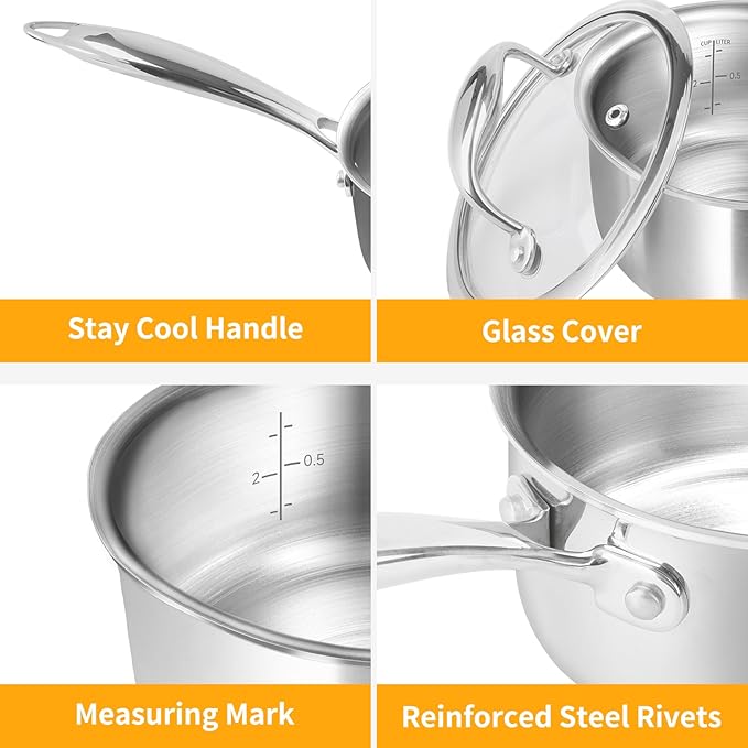Macevia Sauce Pan with Glass Lid, 18/10 Stainless Steel Pot with Stay-Cool Handle, For All Stoves Multipurpose Use for Home Kitchen or Restaurant（1 Quart）- Silver