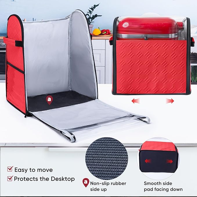 BAGSPRITE Full Open Stand Mixer Cover with Slider Base Compatible with KitchenAid 4.5/5 Qt Bowl-Lift Mixers – Dustproof Quilted Kitchen Aid Mixer Cover with Pockets for Accessories & Attachments