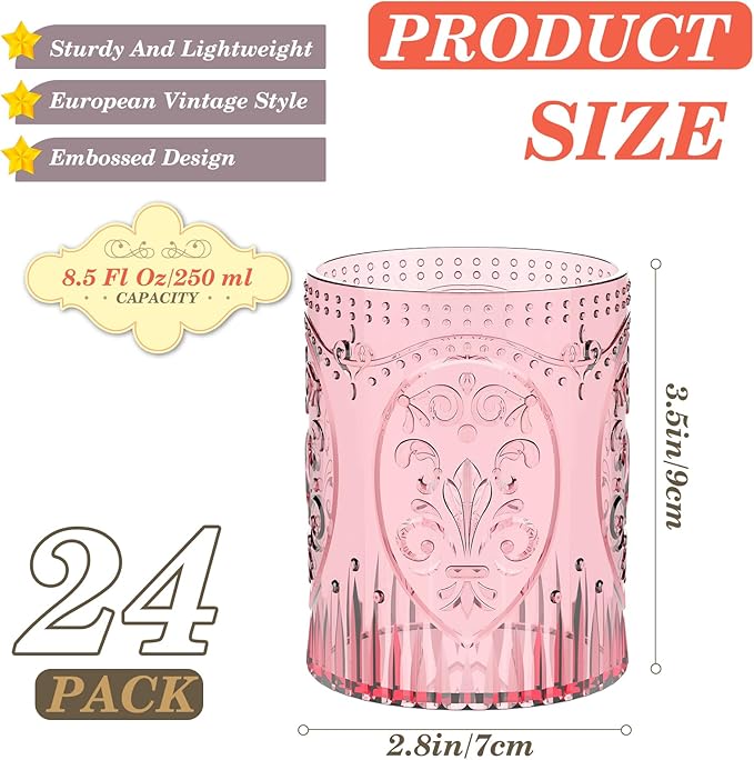 Qinyoung 24 Plastic Vintage Drinking Glasses 8.5oz Stemless Retro Embossed Wine Glasses Shatterproof Reusable Cups for Baby Shower Wedding Reception Grand Event Party (Pink)