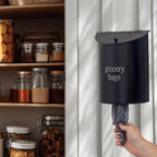 AuldHome Design Enamelware Grocery Bag Holder (Black); Wall-Mounted Modern Farmhouse Style Plastic Bag Dispenser for Kitchen or Laundry Room