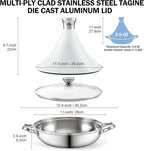 DM Tagine Pot, 11 Inch 3.6 Quart Moroccan Clay Tagine Pot Alternative, Multi-Ply Clad Stainless Steel, Traditional Cooking Pot with Die-Cast Aluminum White Conical Lid and Stainless Steel Knob