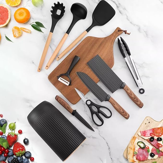 Knife Set, 10 Pieces Professional Kitchen Knife Set with Universal Knife Block, Non-stick Heat Resistan Kitchen Tools and Gadgets with Wooden Handle (Black)
