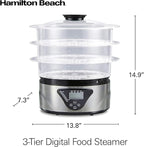 Hamilton Beach Digital Electric Food Steamer & Rice Cooker for Quick, Healthy Cooking with Stackable Three-Tier Bowls for Vegetables and Seafood, 8.25 Quart, Black & Stainless Steel