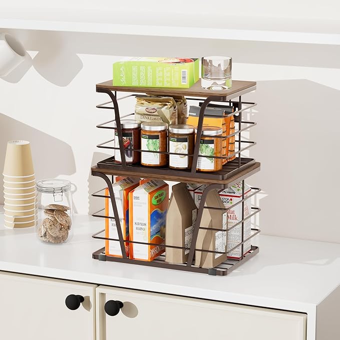 Extra Large 2 Pack Potato and Onion Storage Bins,Stackable Storage Pantry Organizers, Kitchen Storage Bins for Potato and Onion, Wall Mount Trash Bag Holder with Bamboo Top, Brown