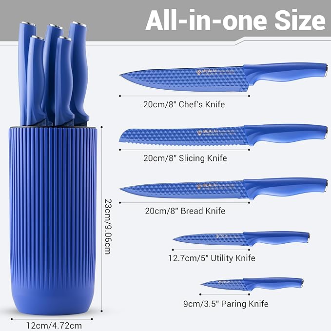 Kitchen Knife Set with Block, 6-Piece Non-stick Stainless Steel Sharp Knives Set for Precision Cutting with Universal Knife Block for Kitchen, Ergonomic Design & Dishwasher Safe, Purple