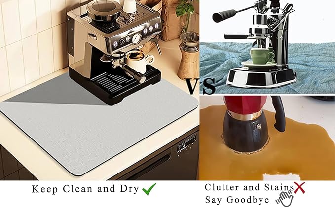 Coffee Mat for Countertops ,Coffee Bar Accessories Fit Under Coffee Maker Espresso Machine, Absorbent Hide Stain Rubber Mat for Countertop ,Dish Drying Mat for Kitchen Counter (Light Gray, 16"x24")