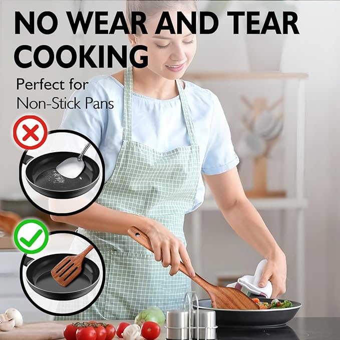 Wooden Spoons for Cooking 11 Pieces Set, High Quality Wooden Kitchen Utensil Set, Wooden Utensil Set, With Strainer Spoon, Pasta server, Fried Spatula and Salad Fork, Egg Beater, Butter Spreader
