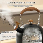 Tea Kettle for Stove Top, 2.5 Quart Whistling Tea Kettle, Food Grade Stainless Steel Tea Pot Stovetop with Wood Pattern Folding Handle for All Stovetops (Matte Black)